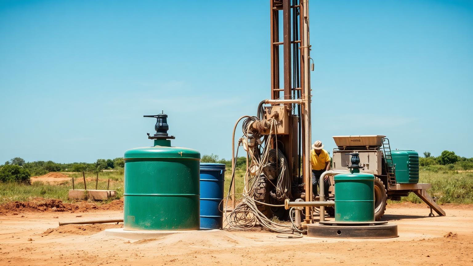 Borehole drilling site with pump equipment